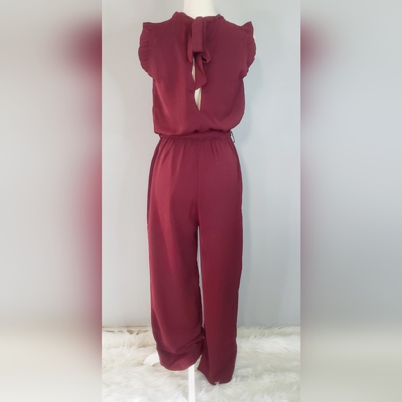Kirundo Burgundy Sleeveless Ruffle Mock Neck Wide Leg Jumpsuit - Picture 6 of 10